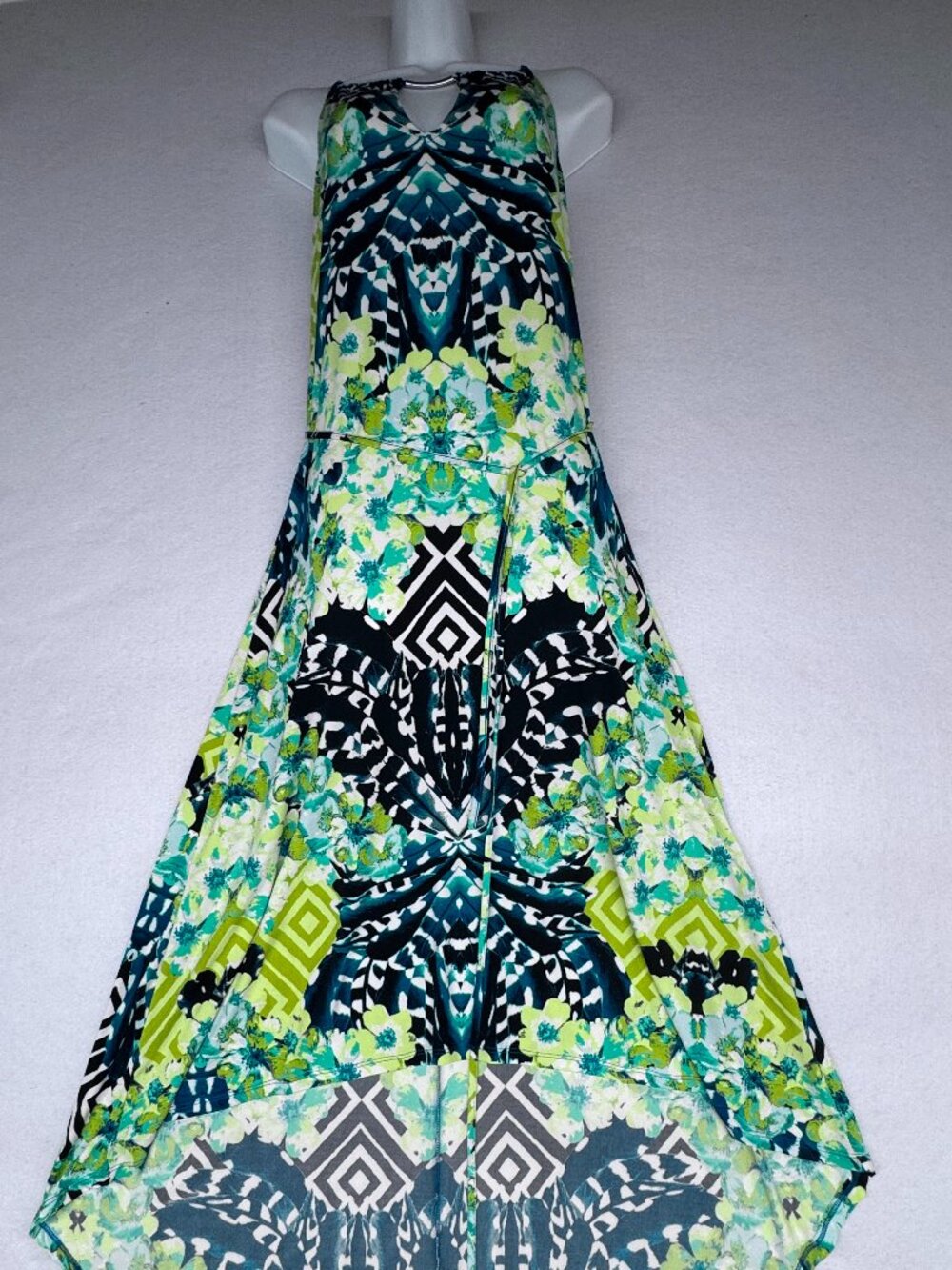 NY&Co Medium Teal Floral Print Hi-Low Halter Dress